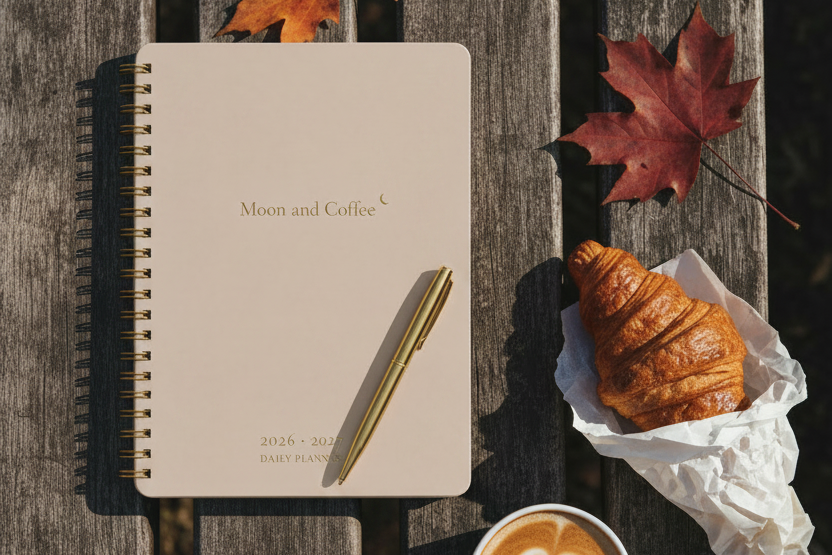 Flat lay con agenda Moon and Coffee